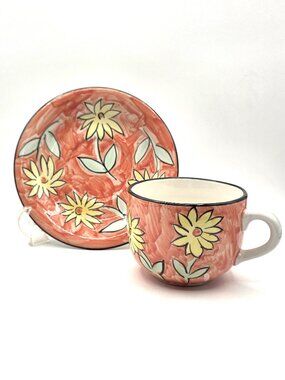 JCP Home Collection VTG Floral Pattern Large Stoneware Coffee Soup Mug / Saucer